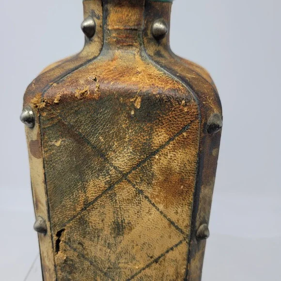 Vtg MCM Italian Hand-tooled Leather Decanter Embossed Studded Glass Perseus